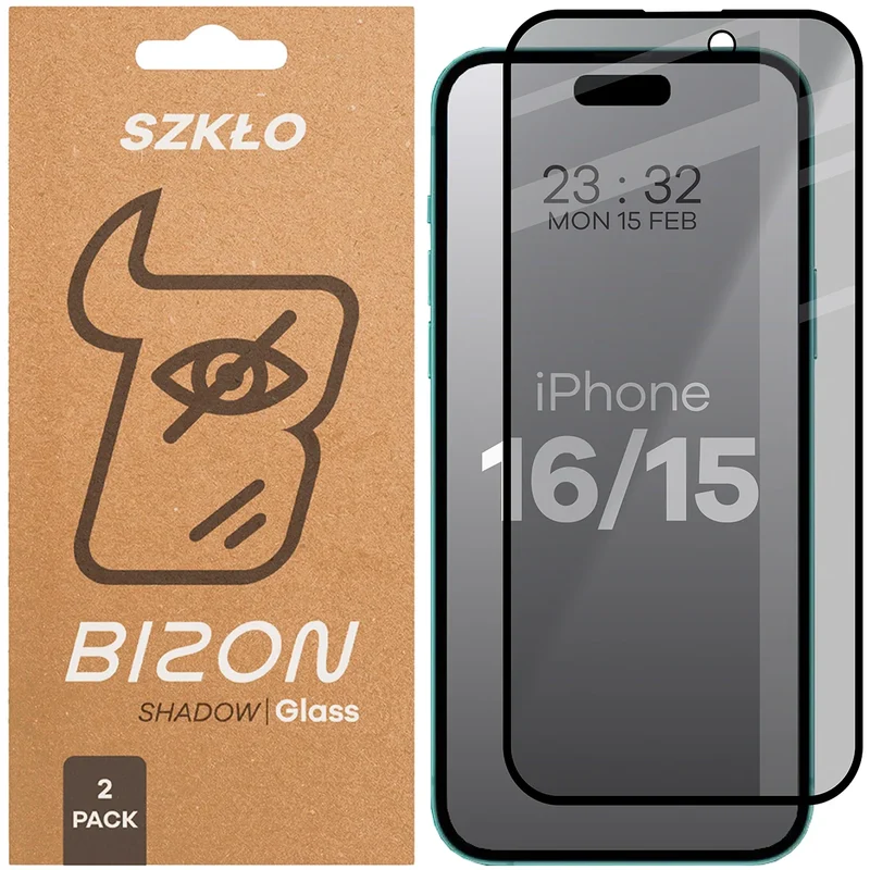Gehärtetes Glas mit Privatschutzfilter für iPhone 15 / 16, Bizon Glass Edge Shadow Duo, getönt mit schwarzer Rahmen, 2 Stück