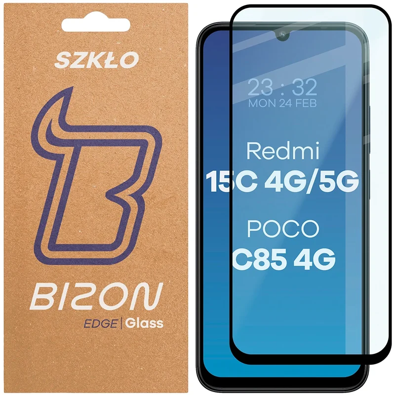 Gehärtetes Glas für Xiaomi Redmi 15C 4G / 5G / POCO C85 4G, Bizon Glass Edge, Schwarzer Rahmen