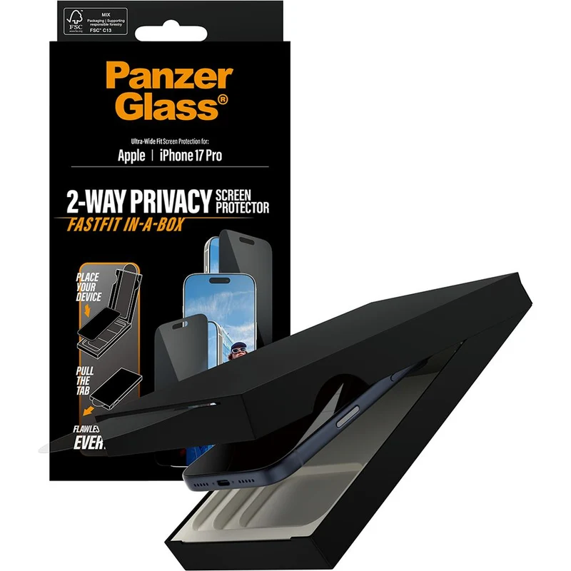 Sichtschutzglas mit Applikator für iPhone 17 Pro, PanzerGlass 2-way Privacy Ultra-Wide Fit Fastfit