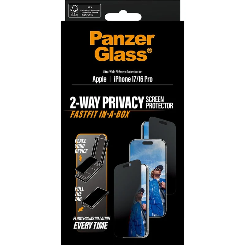 Sichtschutzglas mit Applikator für iPhone 17 / 16 Pro, PanzerGlass 2-way Privacy Ultra-Wide Fit Fastfit