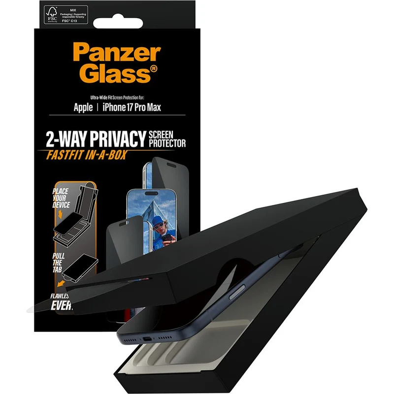 Sichtschutzglas mit Applikator für iPhone 17 Pro Max, PanzerGlass 2-way Privacy Ultra-Wide Fit Fastfit