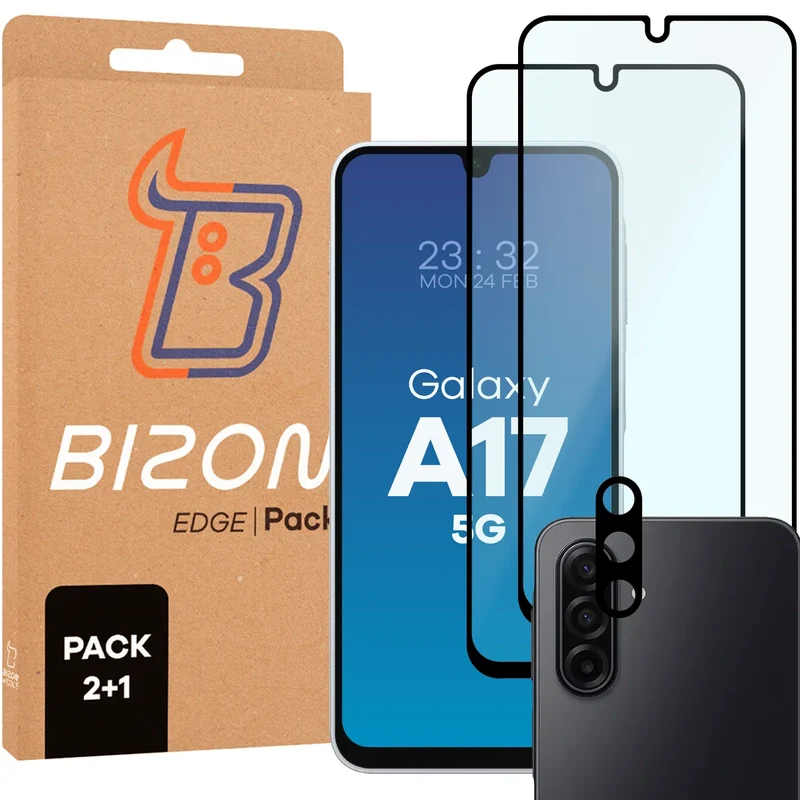 Gehärtetes Glas - 2 Stück + Kameraschutz für Galaxy A17 5G, Bizon Glass Edge Pack, Schwarz