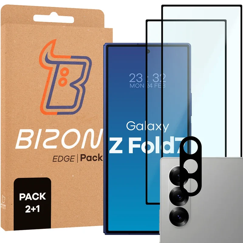 Gehärtetes Glas - 2 Stück + Kameraschutz für Galaxy Z Fold7, Bizon Glass Edge Pack, Schwarz