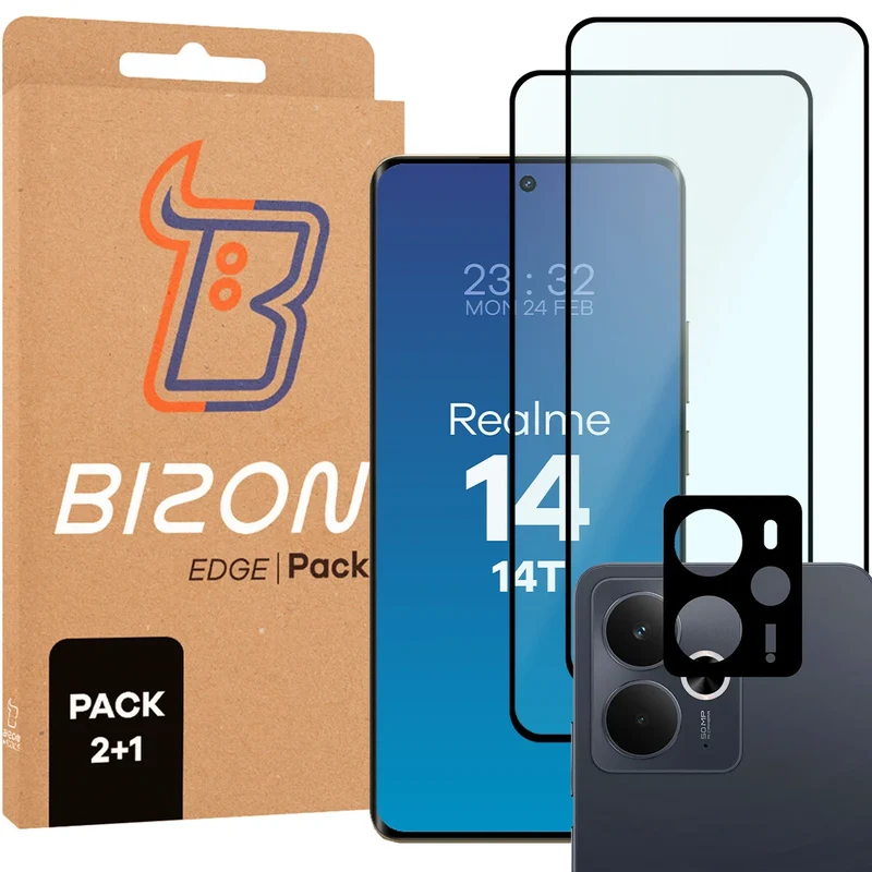 Gehärtetes Glas - 2 Stück + Kameraschutz für Realme 14 5G / 14T 5G, Bizon Glass Edge Pack, Schwarz