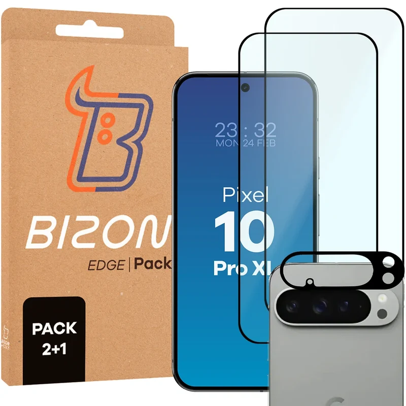 Gehärtetes Glas - 2 Stück + Kameraschutz für Google Pixel 10 Pro XL, Bizon Glass Edge Pack, Schwarz