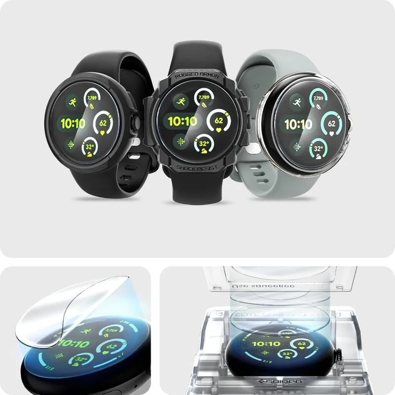 Bildschirmfolie + Applikator für Pixel Watch 5 / 4 / 3 (45 mm), Spigen Elite Shield EZ Fit 2-Pack, Transparent