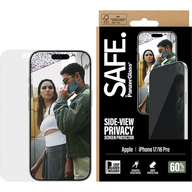 Sichtschutzglas mit Applikator für iPhone 17 / 16 Pro, SAFE by PanzerGlass Ultra-Wide Fit Privacy mit EasyAligner