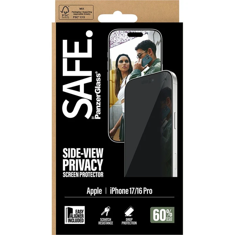 Sichtschutzglas mit Applikator für iPhone 17 / 16 Pro, SAFE by PanzerGlass Ultra-Wide Fit Privacy mit EasyAligner