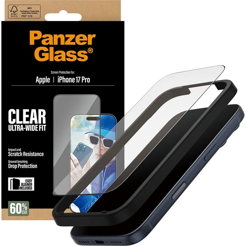 Gehärtetes Glas mit Applikator für iPhone 17 Pro, PanzerGlass Ultra-Wide Fit, Transparent mit schwarzen Rahmen