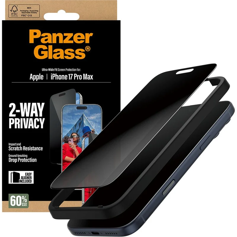 Sichtschutzglas mit Applikator für iPhone 17 Pro, PanzerGlass 2-way Ultra-Wide Fit Privacy Plus EasyAligner