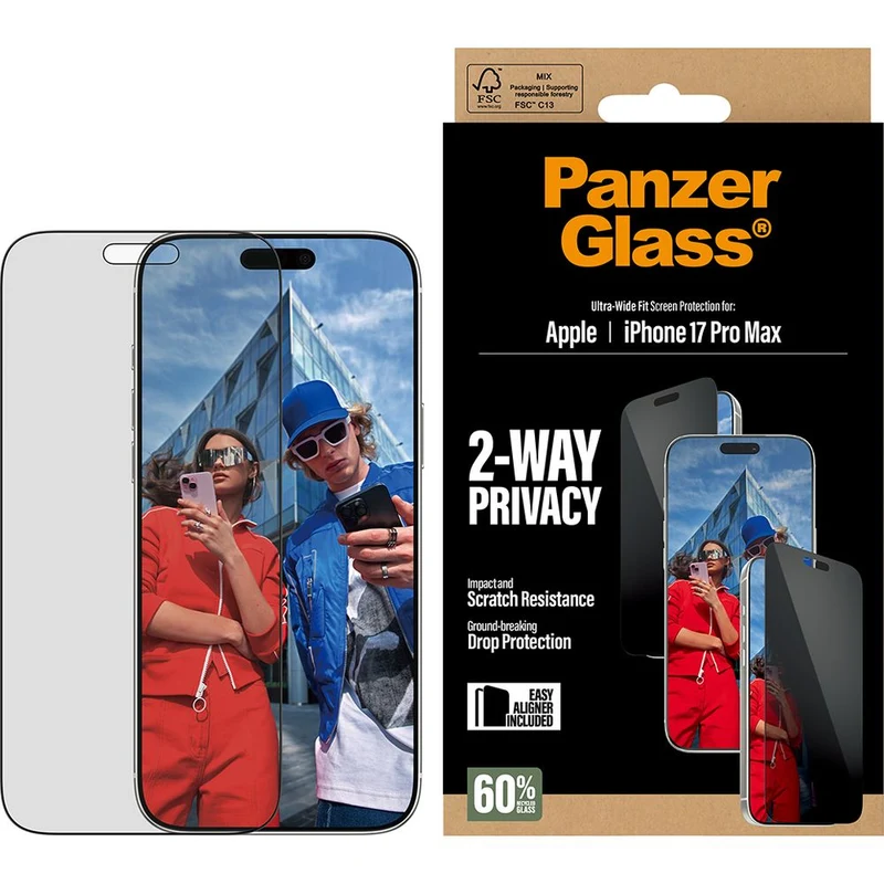 Sichtschutzglas mit Applikator für iPhone 17 Pro, PanzerGlass 2-way Ultra-Wide Fit Privacy Plus EasyAligner
