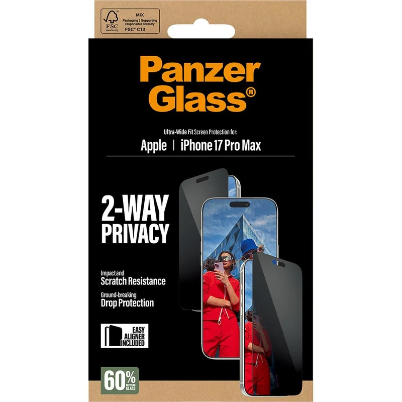 Sichtschutzglas mit Applikator für iPhone 17 Pro, PanzerGlass 2-way Ultra-Wide Fit Privacy Plus EasyAligner