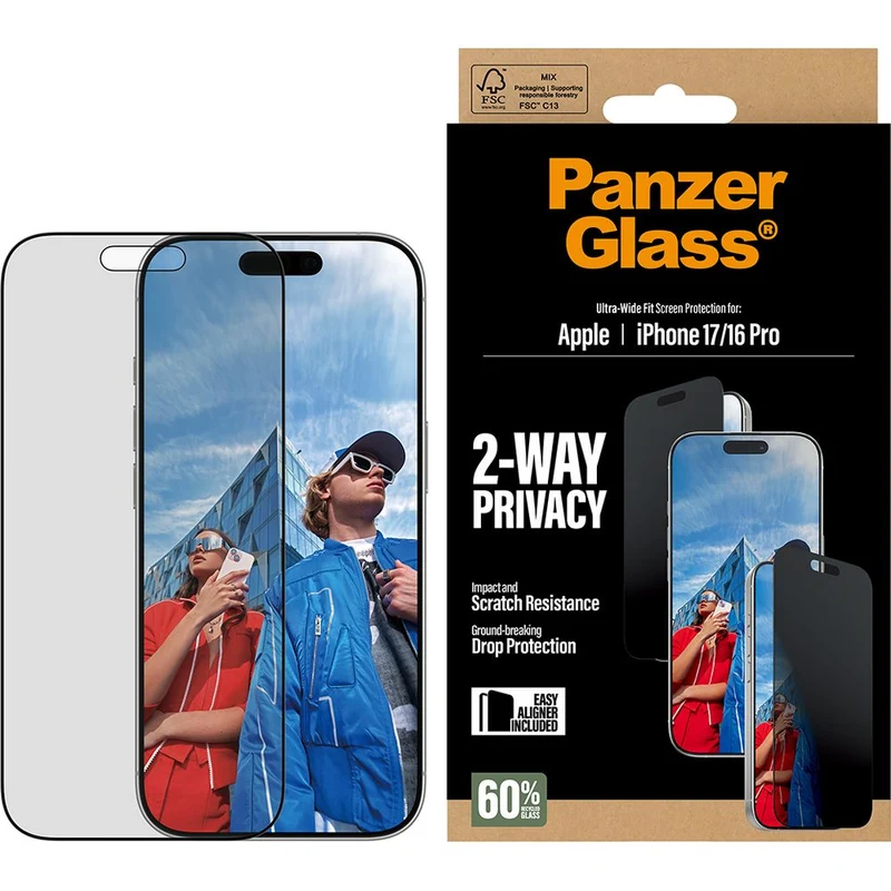 Sichtschutzglas mit Applikator für iPhone 17 / 16 Pro, PanzerGlass 2-way Ultra-Wide Fit Privacy Plus EasyAligner