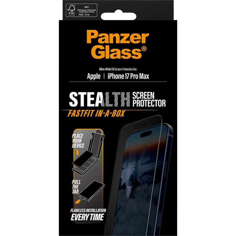 Gehärtetes Glas mit Applikator für iPhone 17 Pro Max, PanzerGlass Stealth Ultra-Wide Fastfit