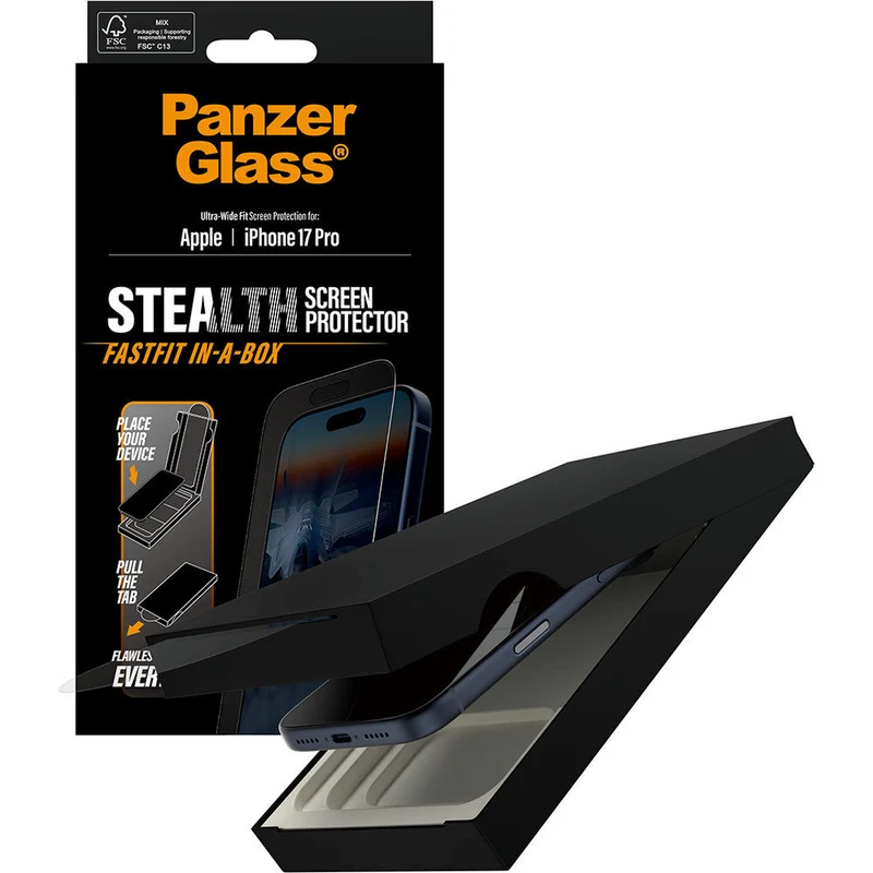 Gehärtetes Glas mit Applikator für iPhone 17 Pro, PanzerGlass Stealth Ultra-Wide Fastfit