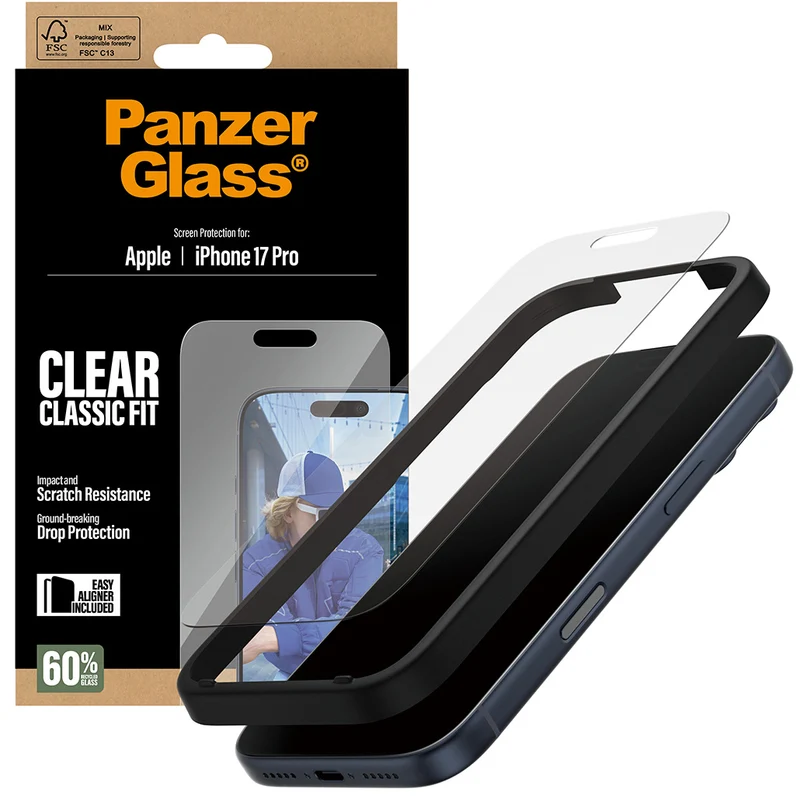 Gehärtetes Glas mit Applikator für iPhone 17 Pro, PanzerGlass Classic Fit EasyAligner