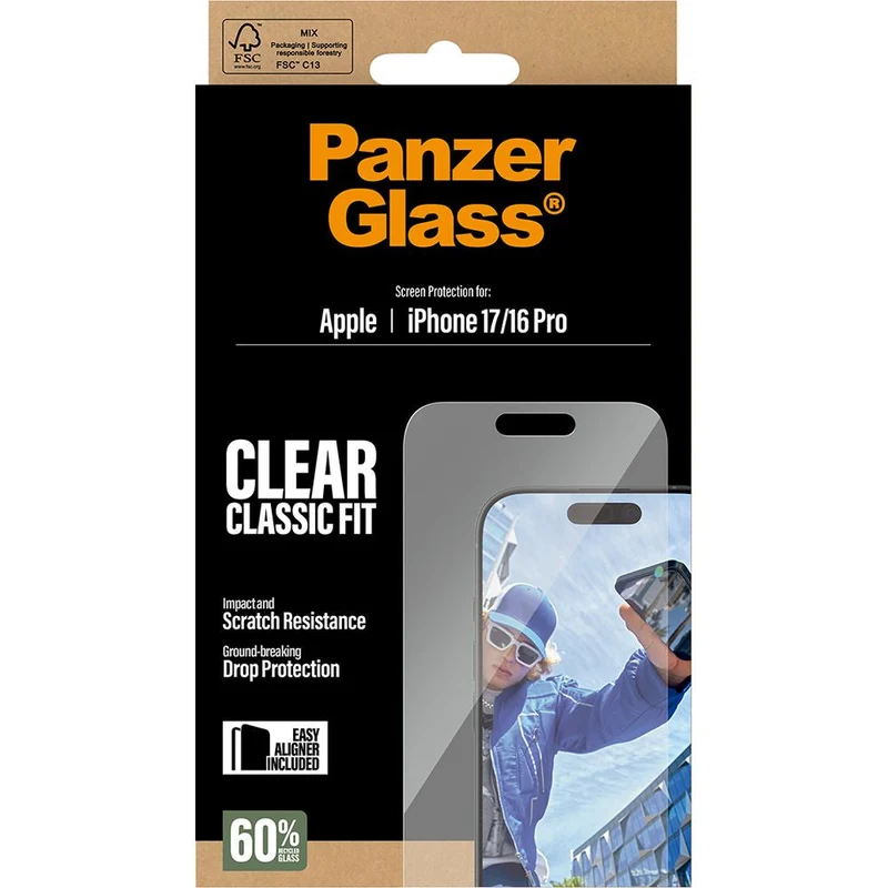 Gehärtetes Glas mit Applikator für iPhone 17 / 16 Pro, PanzerGlass Classic Fit EasyAligner