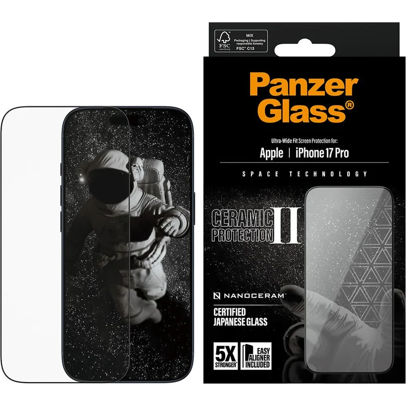 Gehärtetes Glas mit Applikator für iPhone 17 Pro, PanzerGlass Ceramic Ultra-Wide Fit + EasyAligner