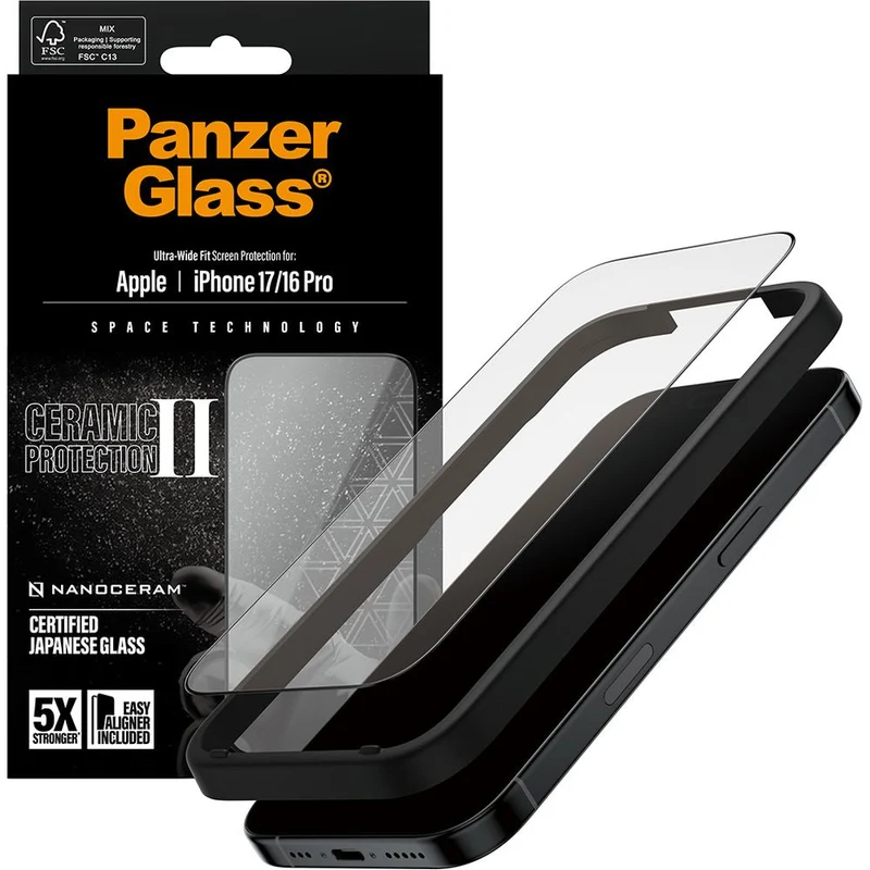 Gehärtetes Glas mit Applikator für iPhone 17 / 16 Pro, PanzerGlass Ceramic Ultra-Wide Fit + EasyAligner