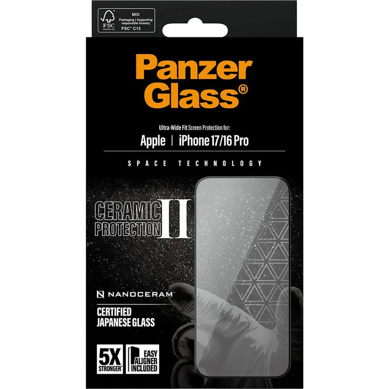 Gehärtetes Glas mit Applikator für iPhone 17 / 16 Pro, PanzerGlass Ceramic Ultra-Wide Fit + EasyAligner